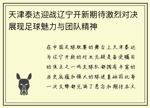 天津泰达迎战辽宁开新期待激烈对决展现足球魅力与团队精神